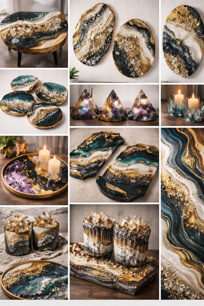 A collection of luxury geode-style resin décor items including wall art, coasters, trays, candle holders, tabletop pieces, and decorative pyramids in black, white, emerald, and gold tones.