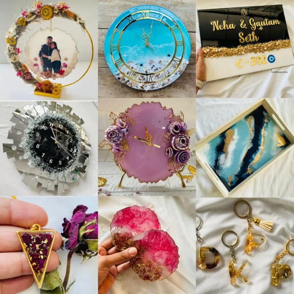 Collage of handmade resin art products including a floral photo frame, ocean-theme wall clock, personalized nameplate, decorative clocks, resin serving tray, pendant, coasters, and alphabet keychains in vibrant colors with gold accents.
