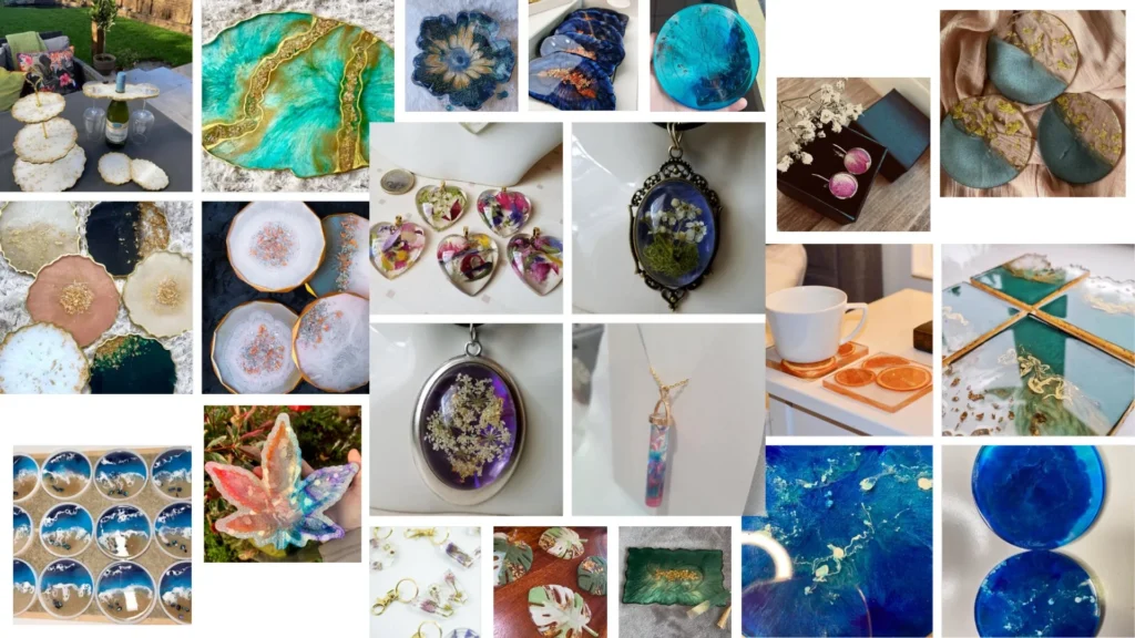 Resin Art Choices A collage showcasing a variety of handcrafted resin art products, including geode coasters, trays, pendants with preserved flowers, earrings, ocean-style wall pieces, serving platters, keychains, and decorative tabletops in vibrant colors like teal, blue, gold, and pastel tones
